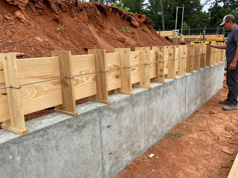Retaining wall construction in progress