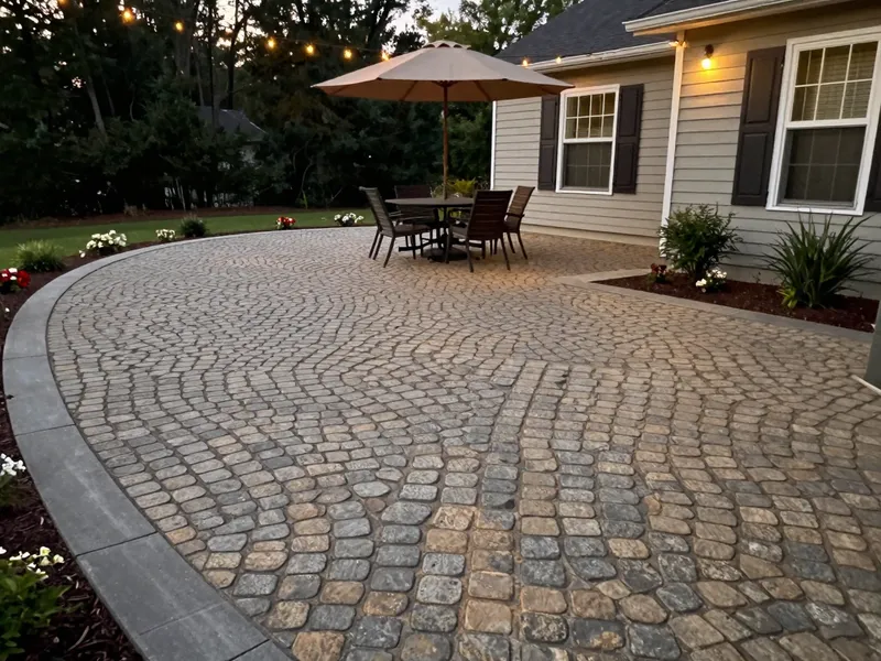 Beautiful stamped concrete patio with natural stone pattern